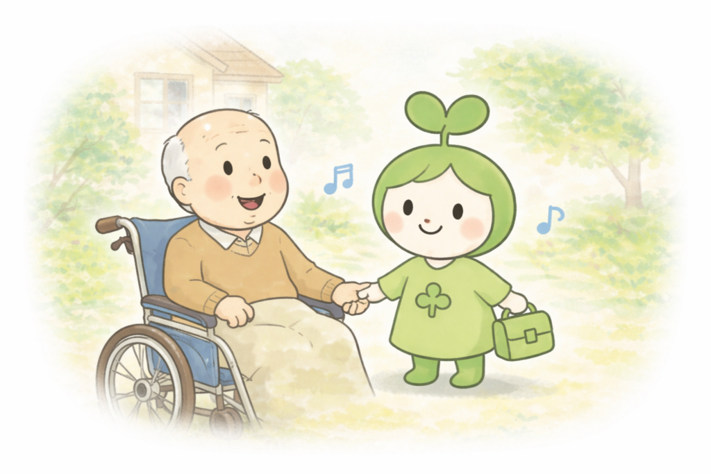 車いすのおじいさんと手を握る医師のキャラクター